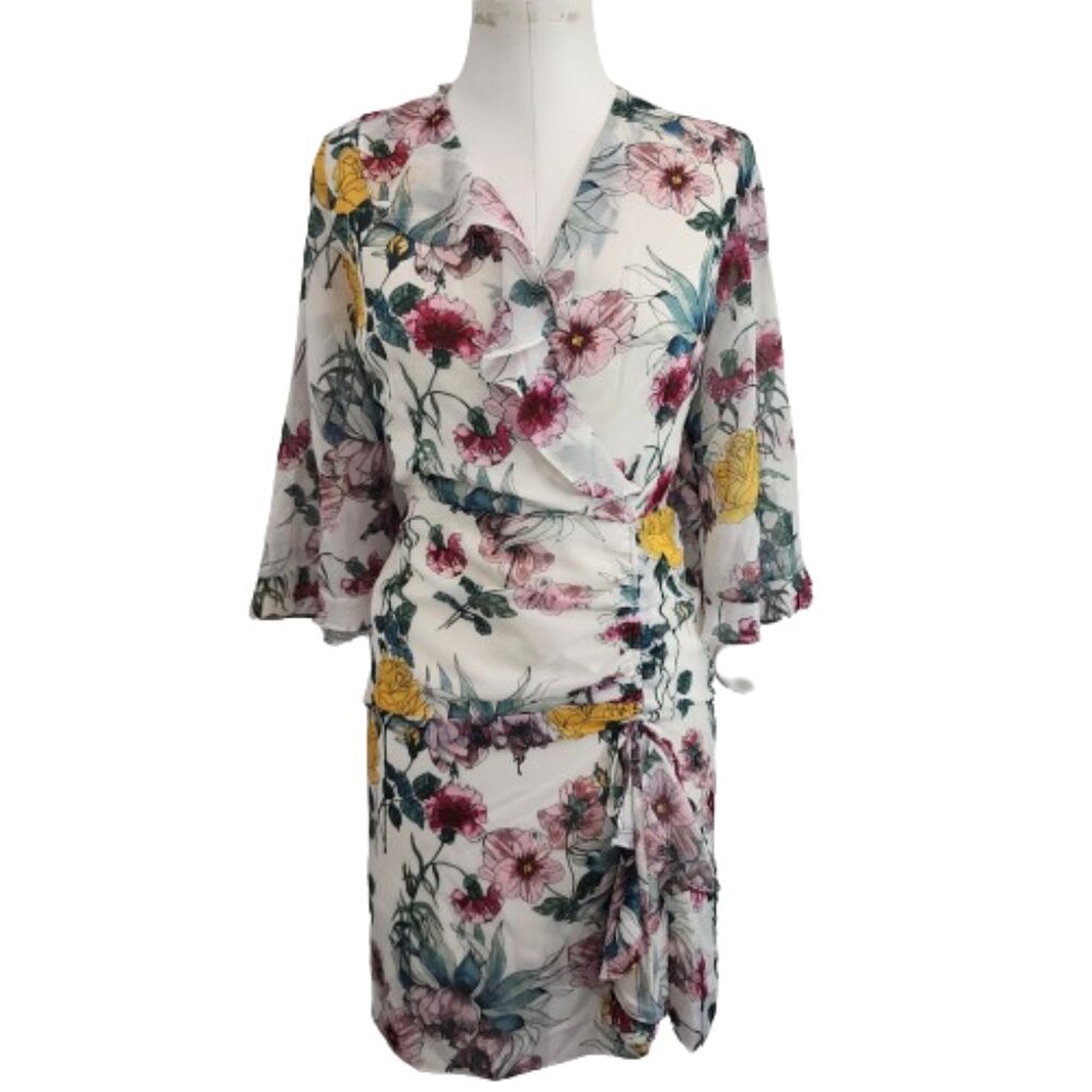 St. John Floral Ruffle Chiffon Dress Size 12 - Flaws